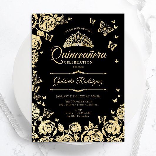 Invitation Papillons Rose d'or noir Quinceanera