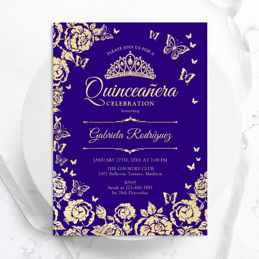 Invitation Papillons Rose d'or pourpre Quinceanera