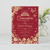 Invitation Papillons Rose d'or rouge Quinceanera (Debout devant)
