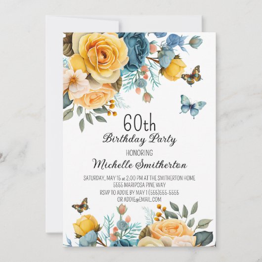 Invitation Papillons Rose Dusty Jaune 60e anniversaire (Devant)