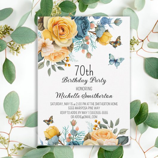 Invitation Papillons Rose Dusty Jaune 70e anniversaire