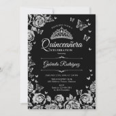 Invitation Papillons Rose en argent noir Quinceanera (Devant)
