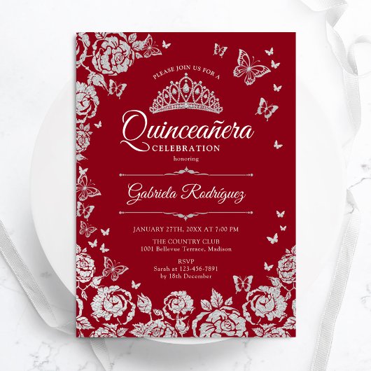 Invitation Papillons Rose en argent rouge Quinceanera