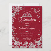 Invitation Papillons Rose en argent rouge Quinceanera (Devant)