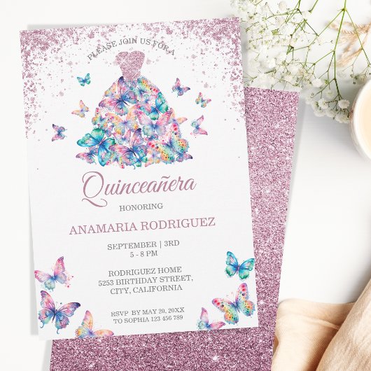 Invitation Papillons rose Gold Sparkling Gown Quinceanera
