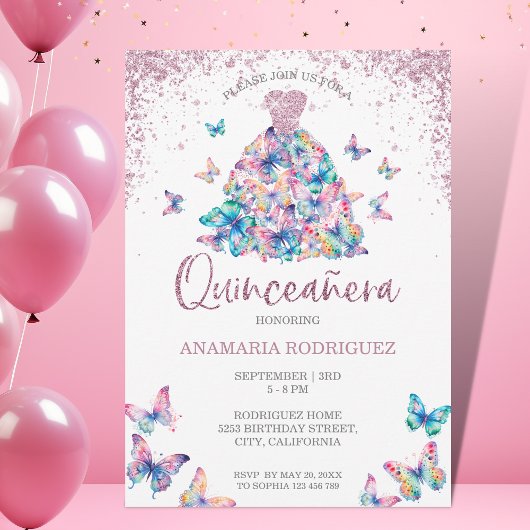 Invitation Papillons rose Gold Sparkling Gown Quinceanera