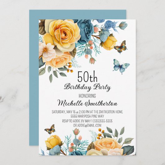 Invitation Papillons Rose jaune Dusty 50e anniversaire (Devant / Derrière)