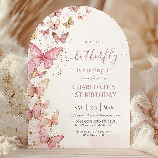 Invitation Papillons rose joli 1er Arc d'anniversaire