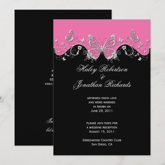 Invitation Papillons Rose Noir Argent Après-Mariage (Devant / Derrière)