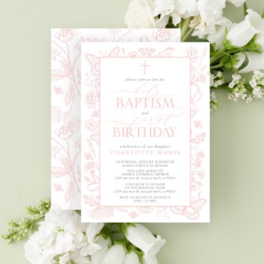 Invitation Papillons rose pâle Baptême Saint et 1er anniversa