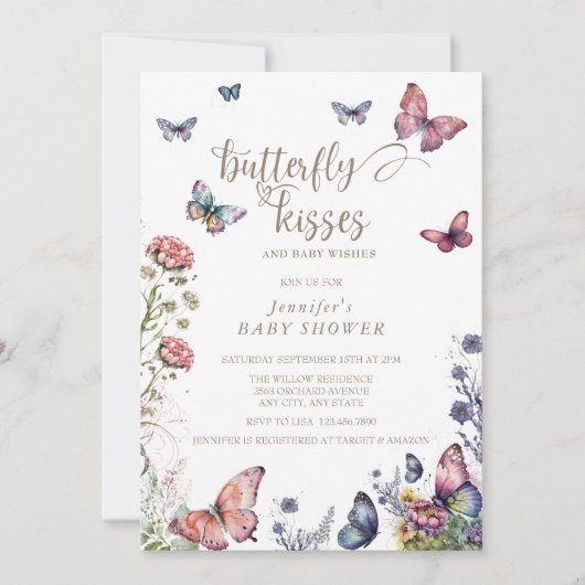 Invitation Papillons rose pourpre | Baby shower floral (Devant)