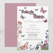Invitation Papillons rose pourpre | Baby shower floral (Devant / Derrière)