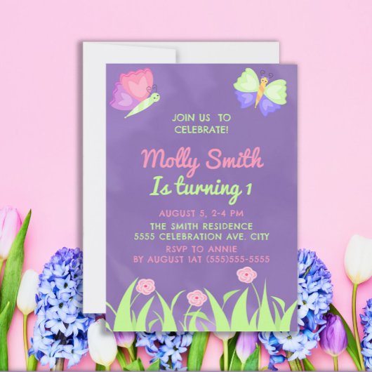 Invitation Papillons rose pourpre Fille 1er anniversaire