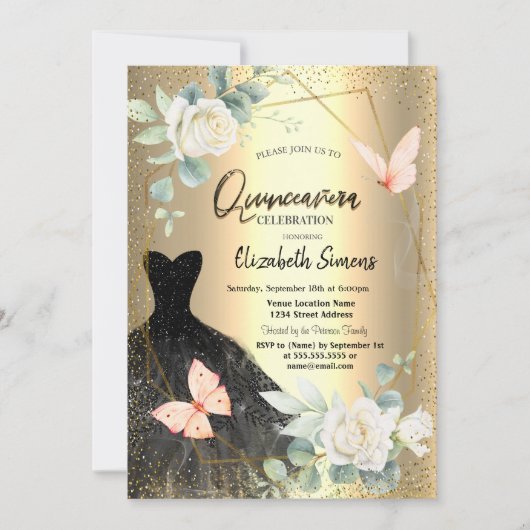 Invitation Papillons Rose Robe noire Quinceañera (Devant)