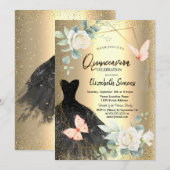 Invitation Papillons Rose Robe noire Quinceañera (Devant / Derrière)