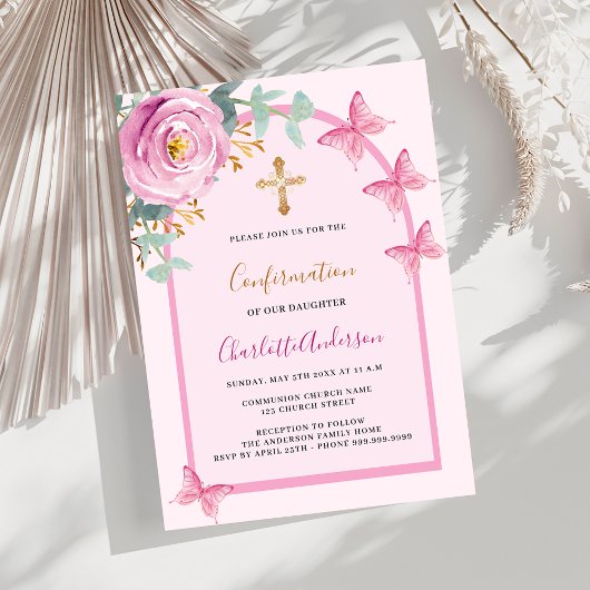 Invitation Papillons rose rose arc floral Confirmation