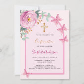 Invitation Papillons rose rose arc floral Confirmation (Devant)