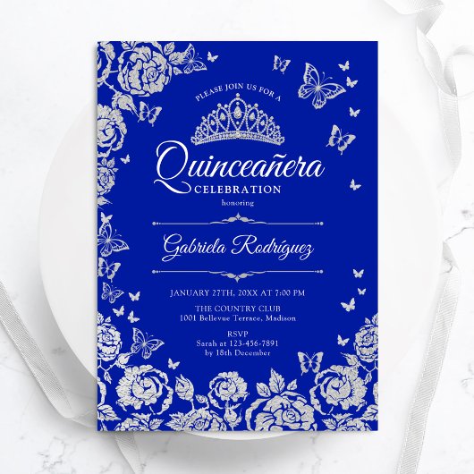 Invitation Papillons Rose Royal Blue Silver Quinceanera