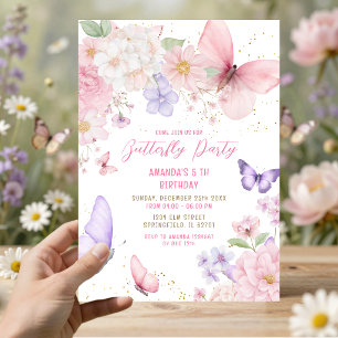 Invitation Papillons rose violet aquarelle 5ème anniversaire