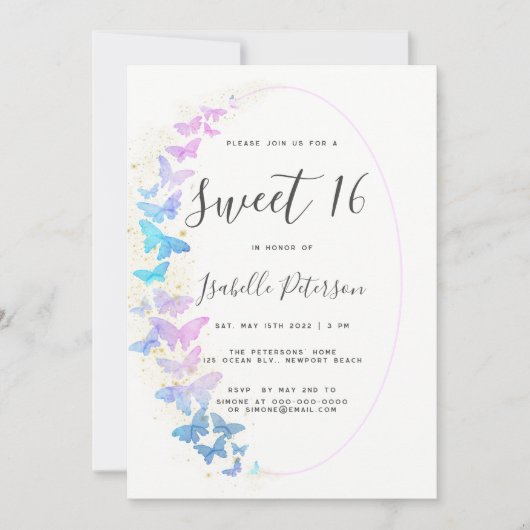 Invitation Papillons rose violet or Boho Frame Sweet 16 (Devant)