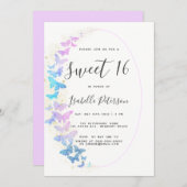 Invitation Papillons rose violet or Boho Frame Sweet 16 (Devant / Derrière)