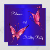 Invitation Papillons roses 21e Anniversaire Party Blue (Devant / Derrière)