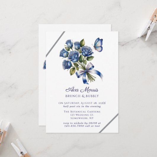 Invitation Papillons Roses Bleues Argent Brunch & Bubbly (Devant/Arrière en situation)