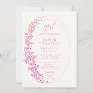 Invitation Papillons roses Boho Frame Gold Girl Baby shower