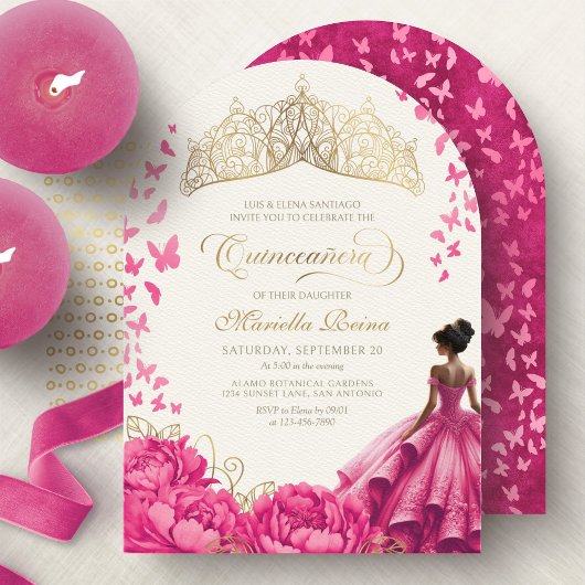 Invitation Papillons roses chauds Floral Tiara Quinceanera