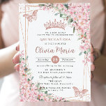 Invitation Papillons Roses en fleurs de cerisier Quinceañera<br><div class="desc">Personnalisez cette jolie floraison de cerisiers Quinceañera / Sweet 16 anniversaire invitation facilement et rapidement. Cliquez simplement sur le bouton customiser pour modifier les textes, modifier les polices et les couleurs des polices. Avec de belles fleurs de cerisiers aquarelles, des papillons d'or rose et un cadre géométrique or rose. Objets...</div>