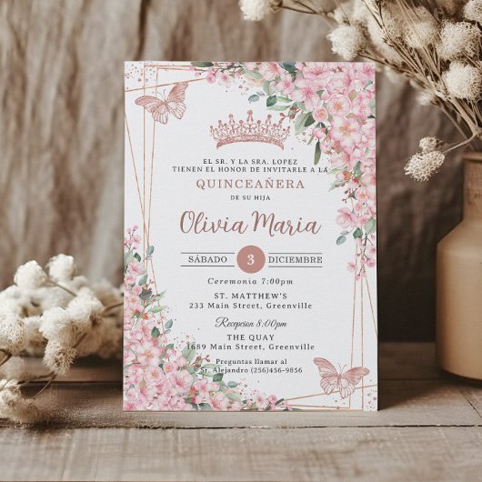 Invitation Papillons Roses en fleurs de cerisier Quinceañera