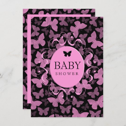 Invitation Papillons roses en noir (Devant / Derrière)