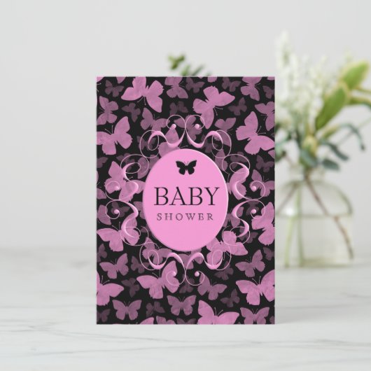 Invitation Papillons roses en noir (Debout devant)
