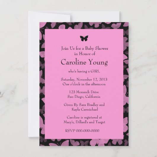 Invitation Papillons roses en noir (Dos)