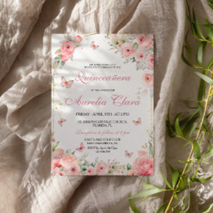 Invitation Papillons roses en or Quinceañera