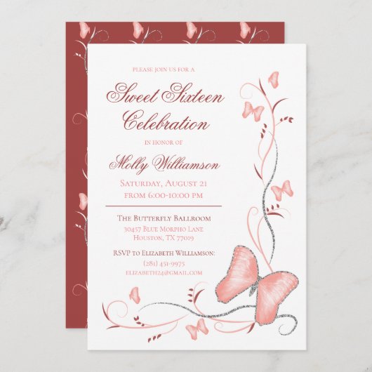 Invitation Papillons roses et perles doux 16 (Devant / Derrière)