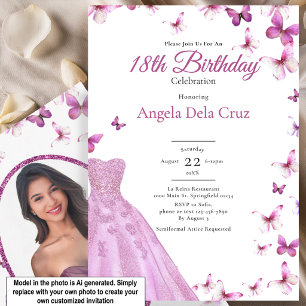 Invitation Papillons roses et robe Début 18e anniversaire