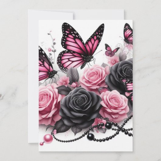 Invitation Papillons roses et Roses aux perles noires (Devant)