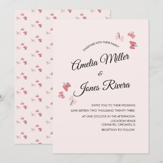 Invitation Papillons roses Jardin Mariage romantique (Devant / Derrière)
