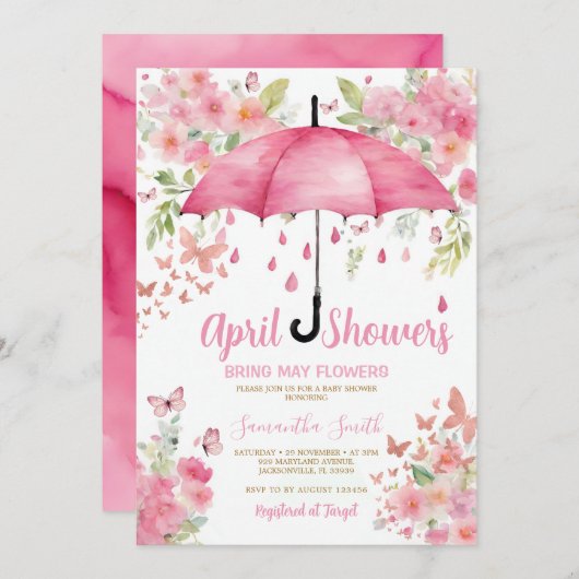 Invitation Papillons roses Les pluies d'avril apportent des f (Devant / Derrière)