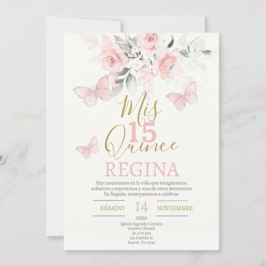Invitation Papillons roses Quinceañera (Devant)