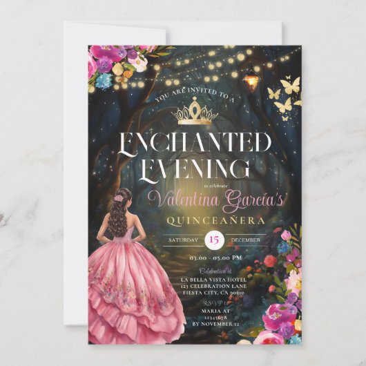 Invitation Papillons roses Quinceañera 15 Anos Fleurs Or (Devant)