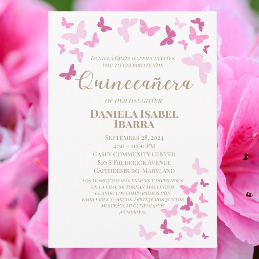 Invitation Papillons roses Quinceañera Gold Custom
