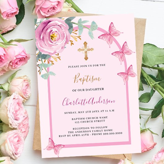 Invitation Papillons roses rose fleurs verdure arche baptême