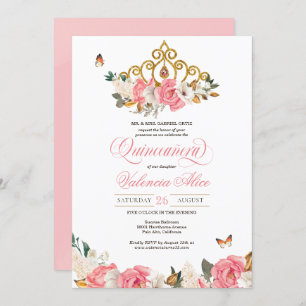 Invitation Papillons Roses roses Quinceanera Gold Tiara