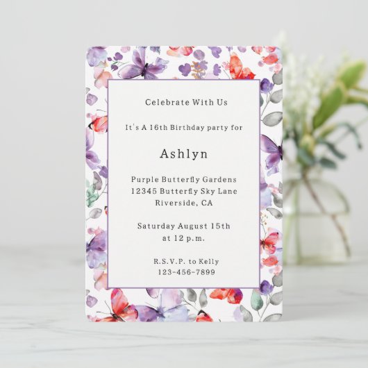 Invitation Papillons Rouge Violet Anniversaire (Debout devant)