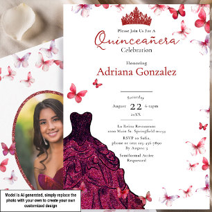 Invitation Papillons Rouges Robe Photo 15 XV Quinceanera