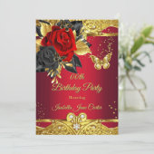 Invitation Papillons rouges Rose Floral Gold fête d'anniversa (Debout devant)