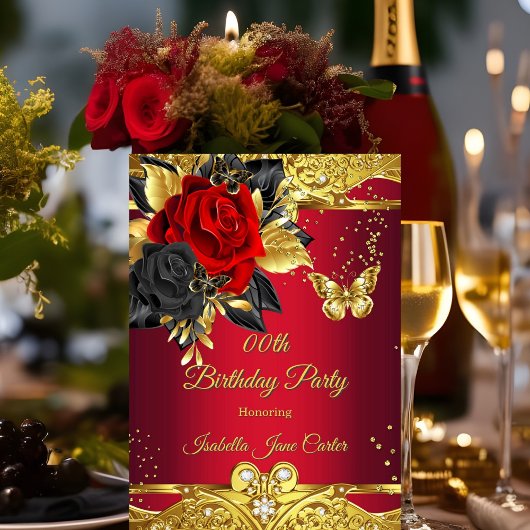 Invitation Papillons rouges Rose Floral Gold fête d'anniversa