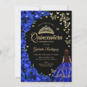 Invitation Papillons Royal Blue Gold Rose Quinceanera (Devant)